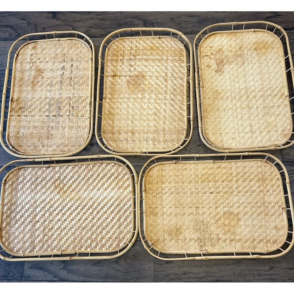 Vintage Set 5 Bamboo Rattan  Trays Woven Wicker Tiki  Farmhouse Decor Large 19